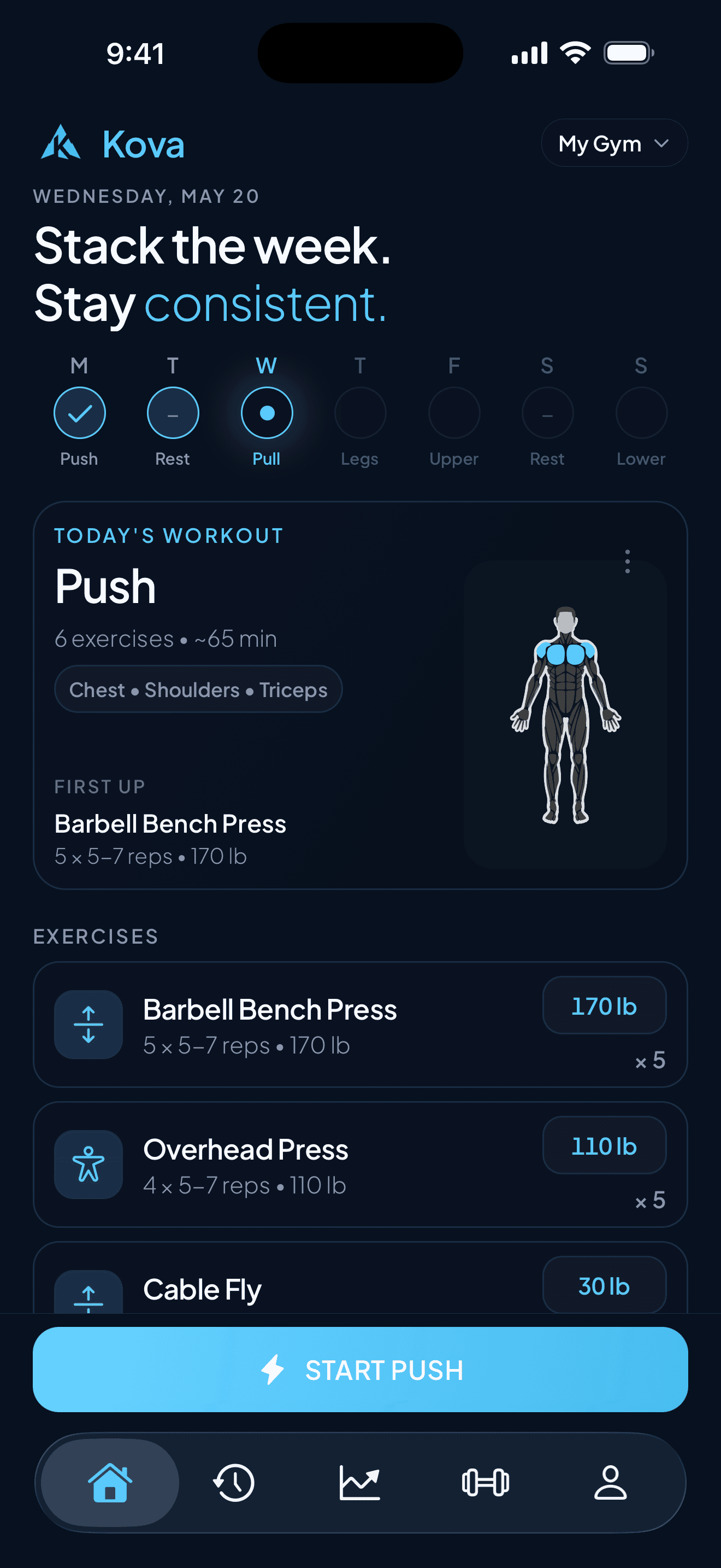 Kova today screen showing a push workout with target sets, reps, and weights ready to start.