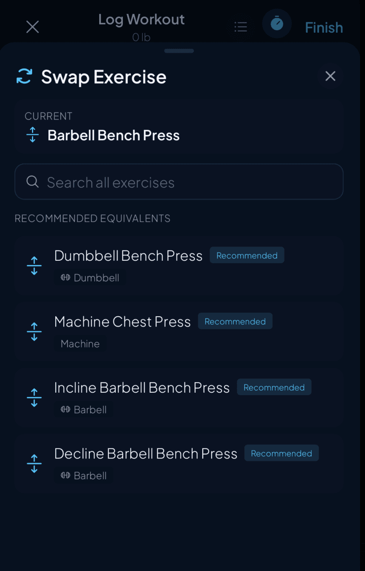 Kova exercise swap screen recommending equipment-aware alternatives to barbell bench press.